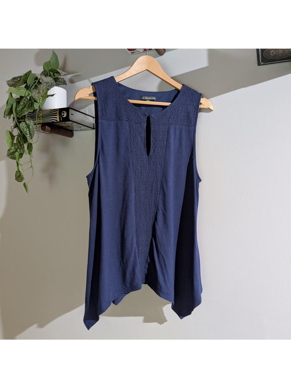 Adrianna Papell | Navy Blue Linen Blend Sleeveless Tank Top | XLarge